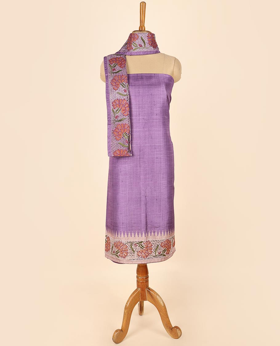 Purple material chudidhar set, cut floral creeper embroidered top, floral vine printed & cut floral embroidered dupatta