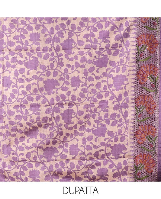 Purple material chudidhar set, cut floral creeper embroidered top, floral vine printed & cut floral embroidered dupatta