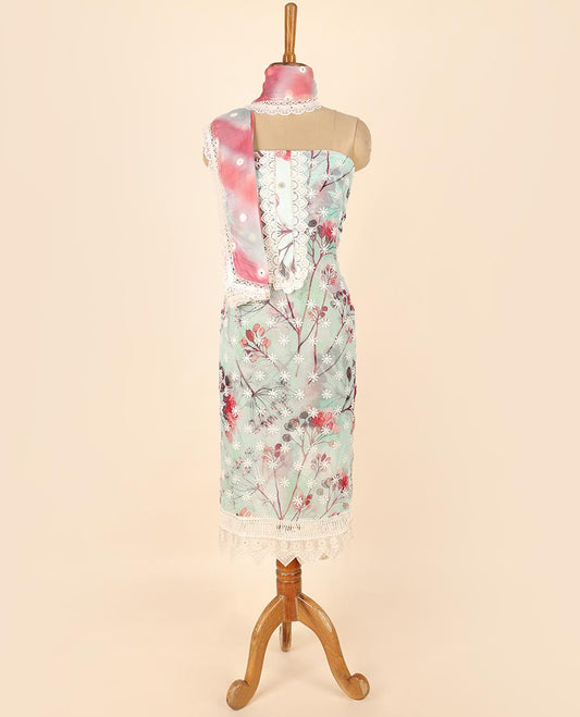 Green material chudidhar set, abstract floral print & embroidery top & abstract printed with embroidered dupatta