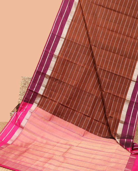 Brown silk saree with zari stripes, contrast traditional zari design border & striped  pallu