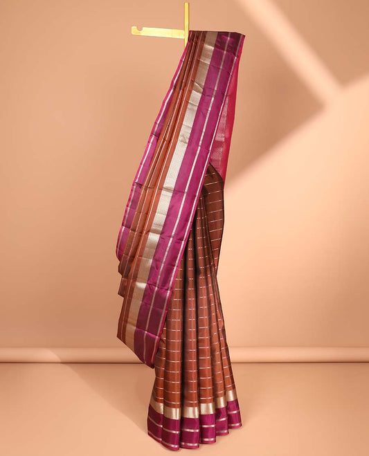 Brown silk saree with zari stripes, contrast traditional zari design border & striped  pallu