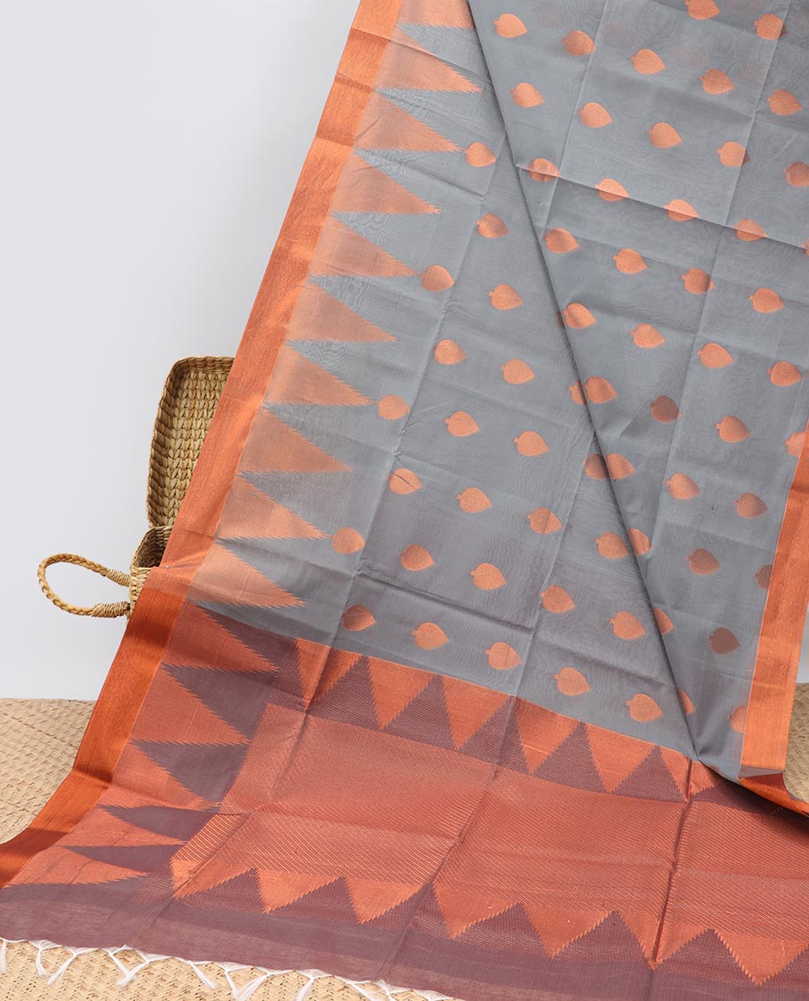 Grey zari buttas semi-silk cotton saree, temple border & diagonal striped pallu
