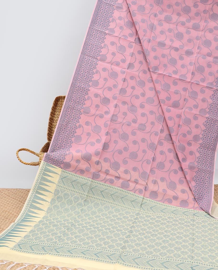 Pink floral printed Semi silk saree, geometric border & contrast intricate pallu