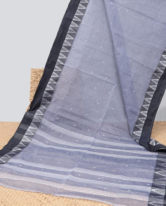 Grey buttas Bengal cotton saree, contrast temple border & striped pallu 