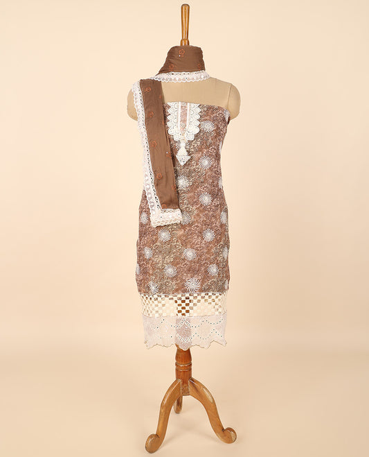 Brown material chudidhar set, floral print & embroidered top, solid bottom & floral print dupatta