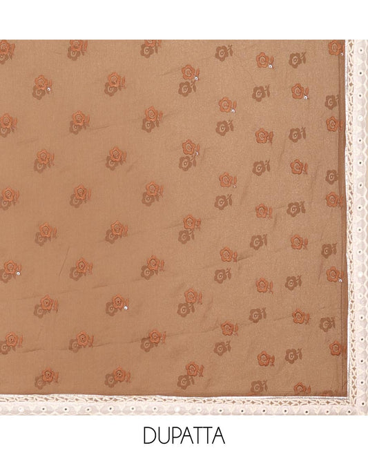 Brown material chudidhar set, floral print & embroidered top, solid bottom & floral print dupatta