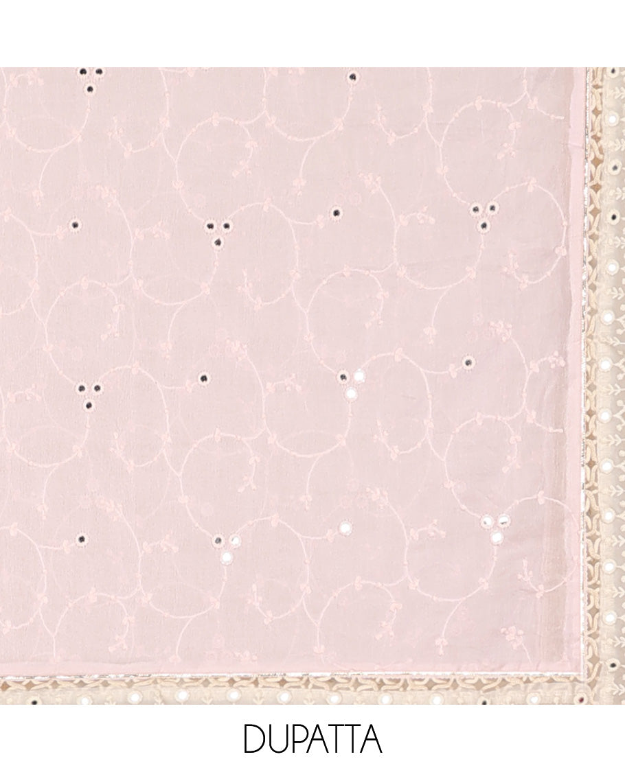 Pink material chudidhar set, floral print & embroidery top, plain bottom & embroidered dupatta