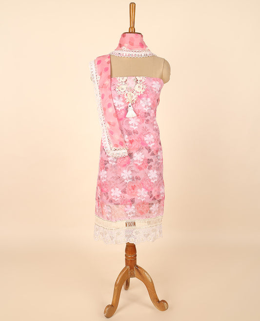 Pink material chudidhar set, floral print & embroidered top, solid bottom & floral printed dupatta