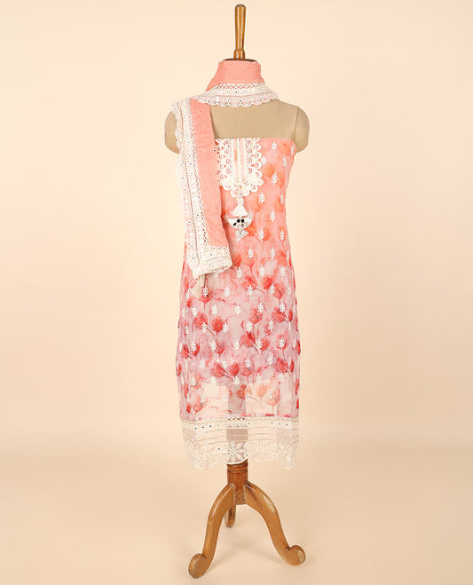 Pink material chudidhar set, floral print & embroidery top, plain bottom & embroidered dupatta