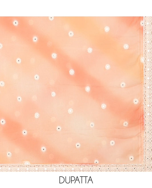 Orange material chudidhar set, print & embroidered top, plain bottom & abstract printed & embroidered dupatta