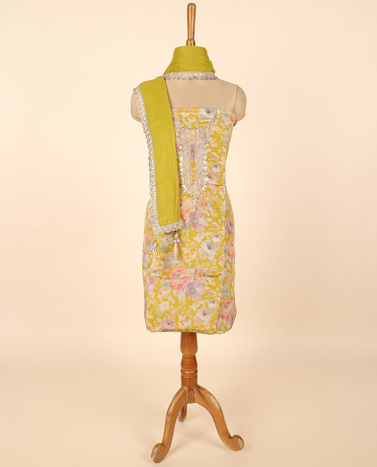 Mustard material chudidhar set, floral print & embroidery top, plain bottom & embroidered dupatta