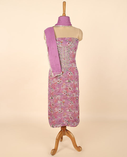 Pink material chudidhar set, floral print & embroidery top, plain bottom & sequins embroidered dupatta