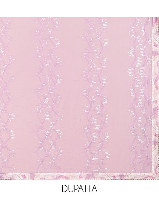 Pink material chudidhar set, floral print & embroidery top, plain bottom & sequins embroidered dupatta