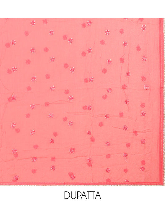 Pink material chudidhar set, abstract printed top, solid bottom & sequins embroidered dupatta 