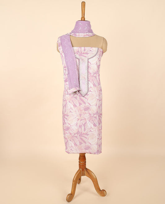 Lavender material chudidhar set, floral print & embroidered top, plain bottom & sequins embroidered dupatta 