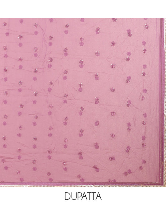 Lavender material chudidhar set, floral print & embroidered top, plain bottom & sequins embroidered dupatta 
