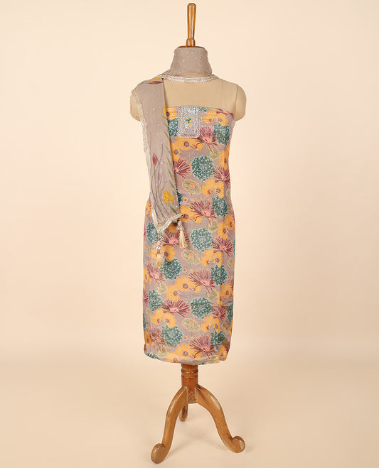 Pale brown material chudidhar set, floral print & embroidery top, plain bottom & floral print & embroidered dupatta