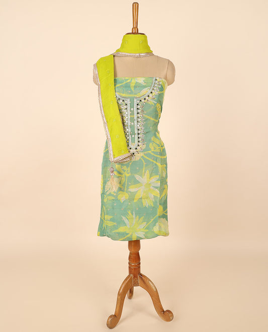 Green material chudidhar set, floral print & embroidered top, plain bottom & embroidered dupatta