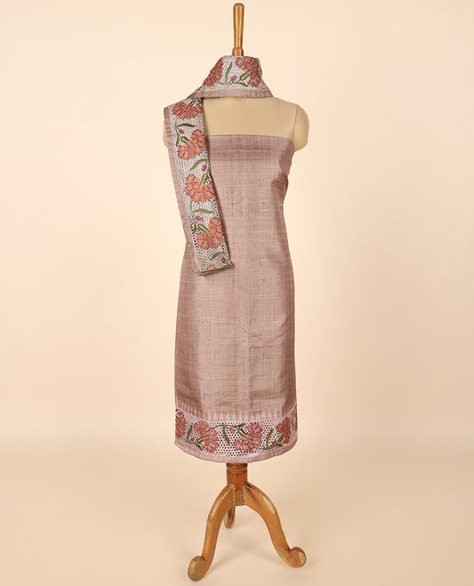 Brown material chudidhar set, cut floral creeper embroidered top, floral vine printed & cut floral embroidered dupatta