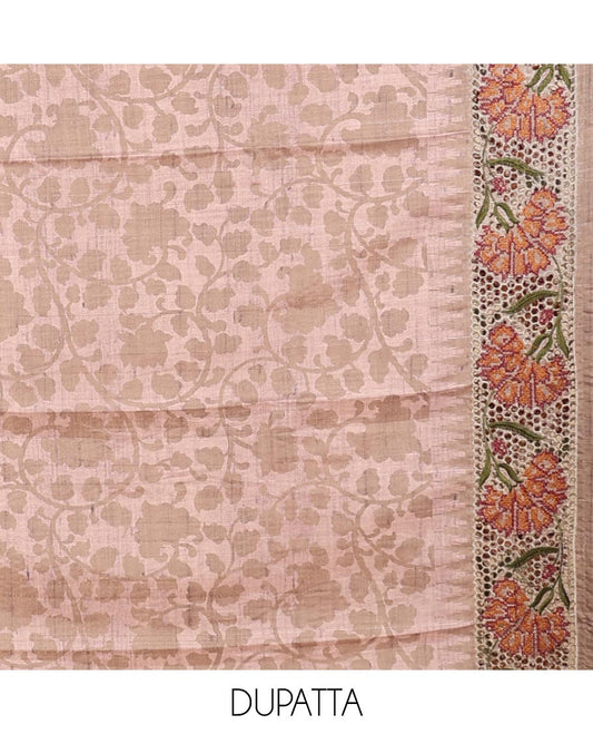 Brown material chudidhar set, cut floral creeper embroidered top, floral vine printed & cut floral embroidered dupatta