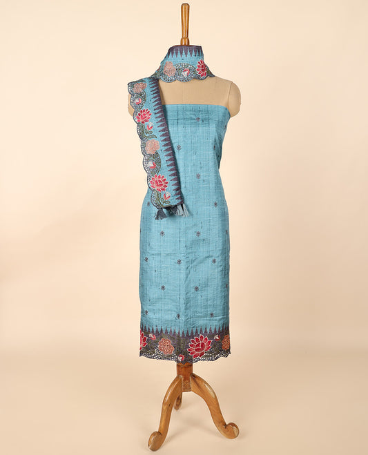 Blue buttas chudidhar material set, plain bottom & cut embroidery dupatta