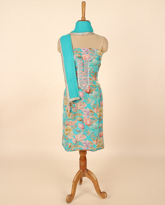 Blue material chudidhar set, floral printed & embroidered top, plain bottom & embroidered dupatta