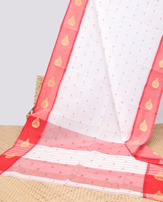 White buttas Bengal cotton saree, contrast unique design border & striped pallu