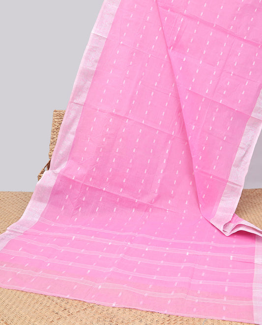 Pink buttas Bengal cotton saree, floral design border & striped pallu 