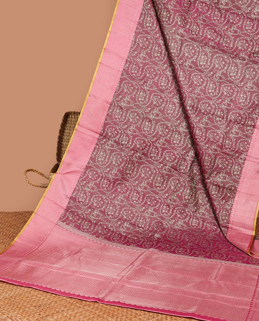 Maroon floral jacquard silk saree, contrast traditional zari border & jaal pallu