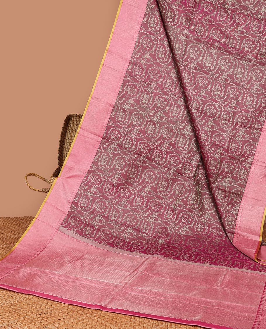 Maroon floral jacquard silk saree, contrast traditional zari border & jaal pallu