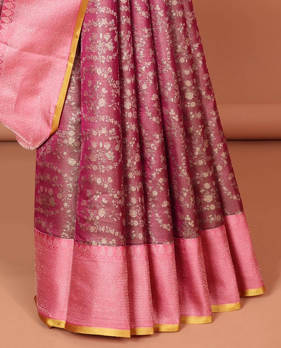 Maroon floral jacquard silk saree, contrast traditional zari border & jaal pallu