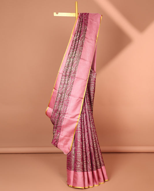 Maroon floral jacquard silk saree, contrast traditional zari border & jaal pallu