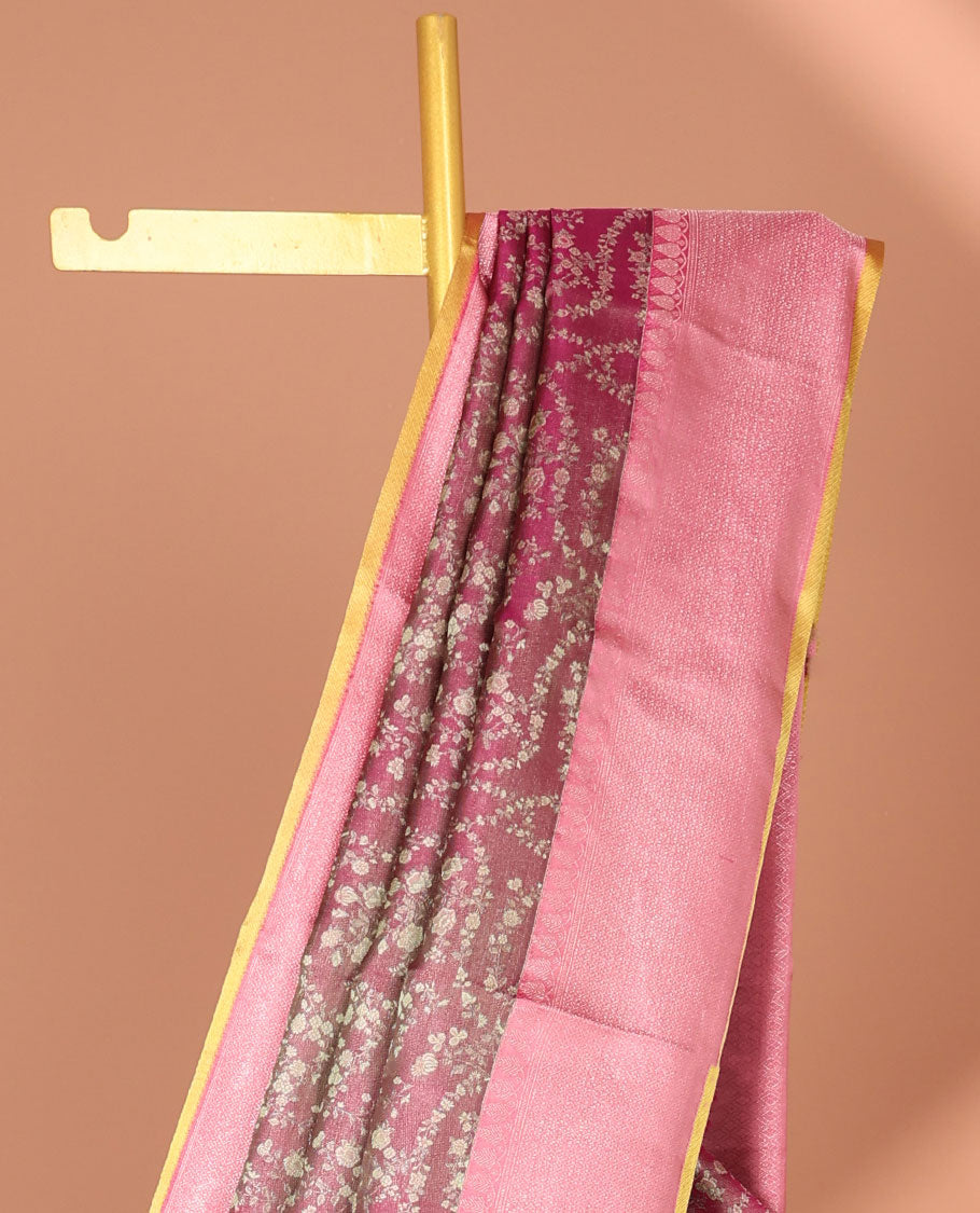 Maroon floral jacquard silk saree, contrast traditional zari border & jaal pallu