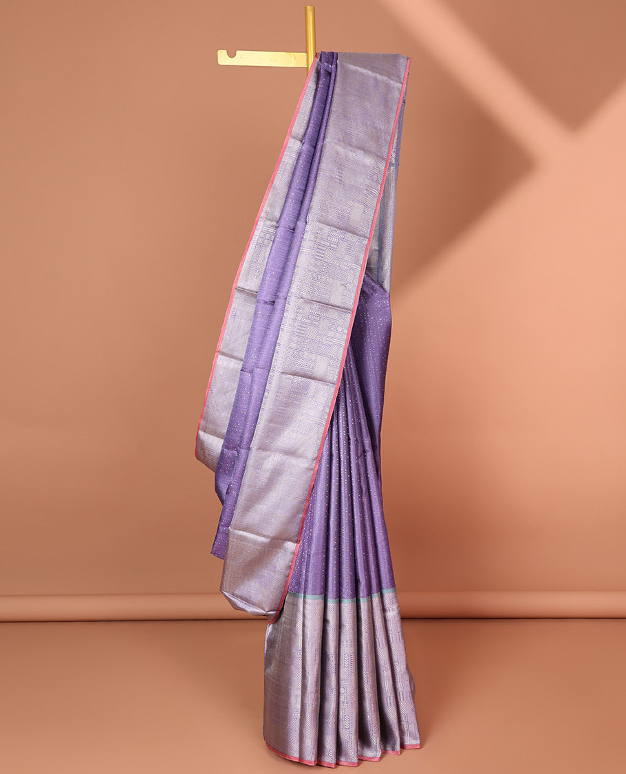 Lavender zari design silksaree, contrast border & pallu steeped with traditional designs