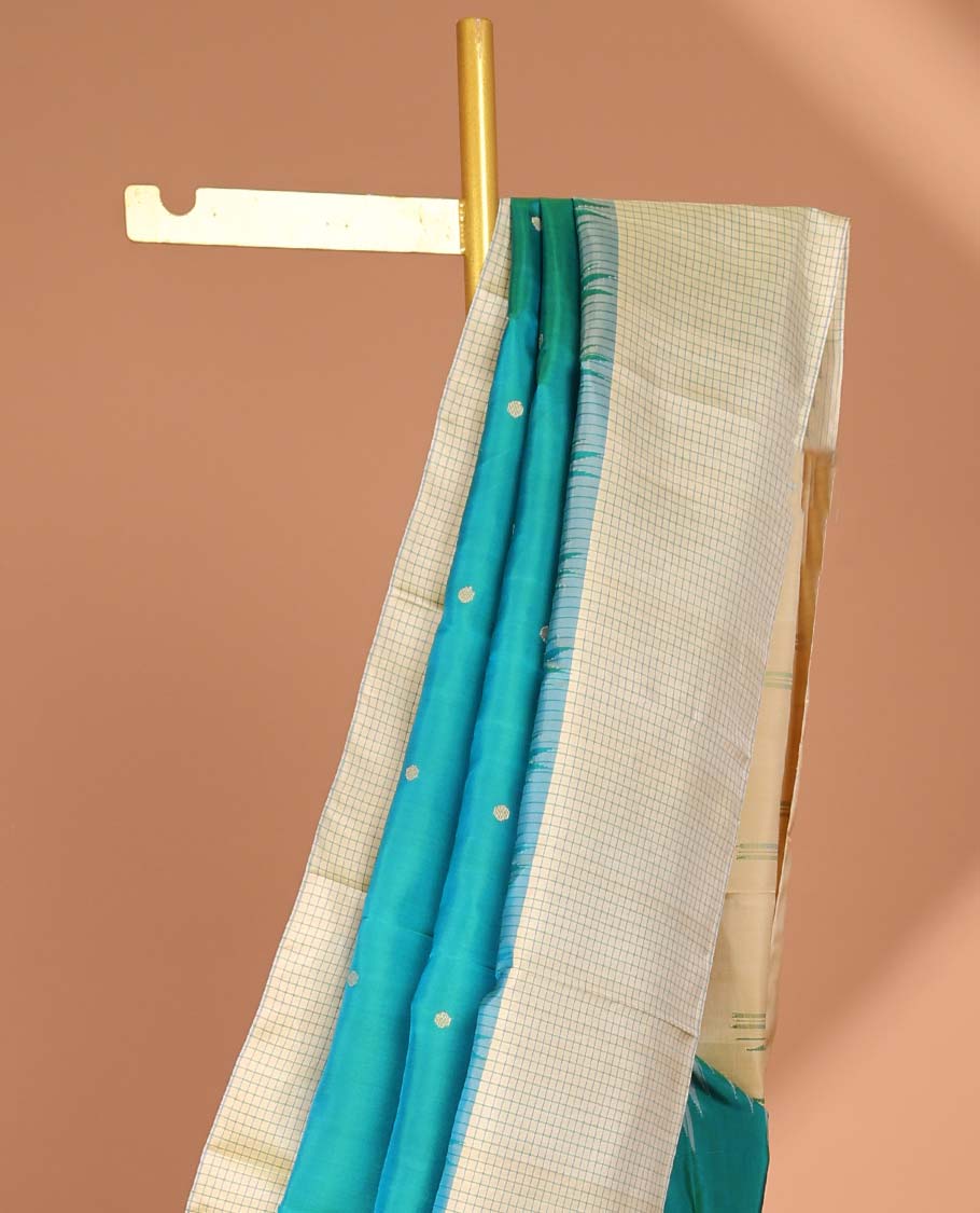 Blue buttas kanchipuram silk saree, contrast rekku border of checked design & striped pallu