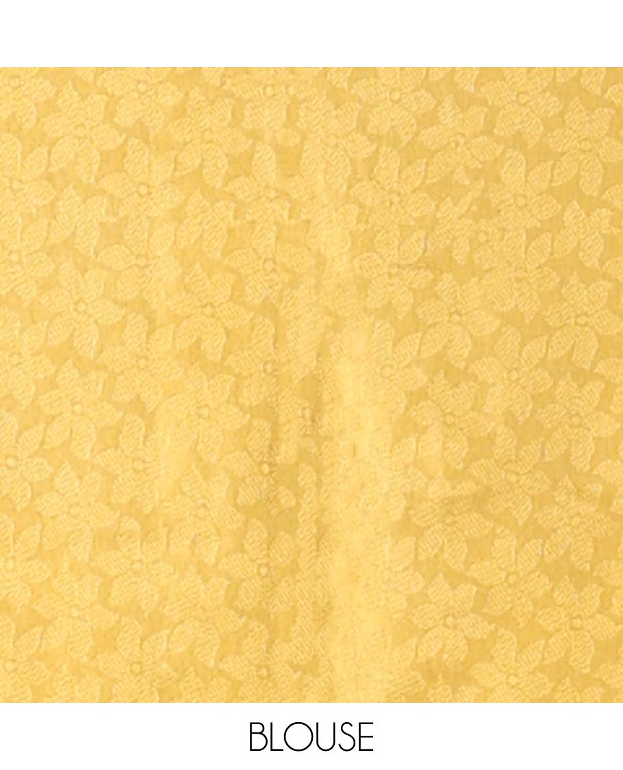 Mustard mushru silk saree with buttas, peacock & chakram border & floral creeper pallu