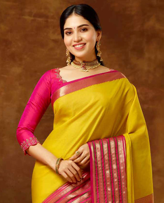 Yellow Vasundhara elite silk saree, contrast traditional zari design border & pallu of intricate zari weave 