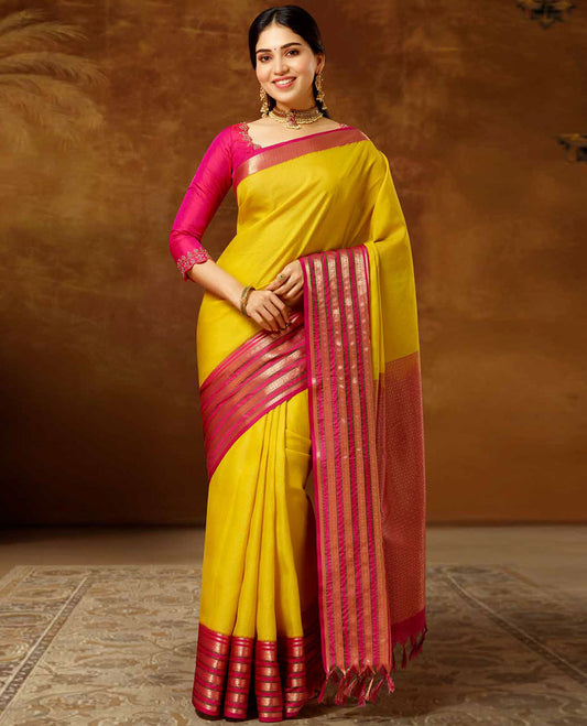 Yellow Vasundhara elite silk saree, contrast traditional zari design border & pallu of intricate zari weave 