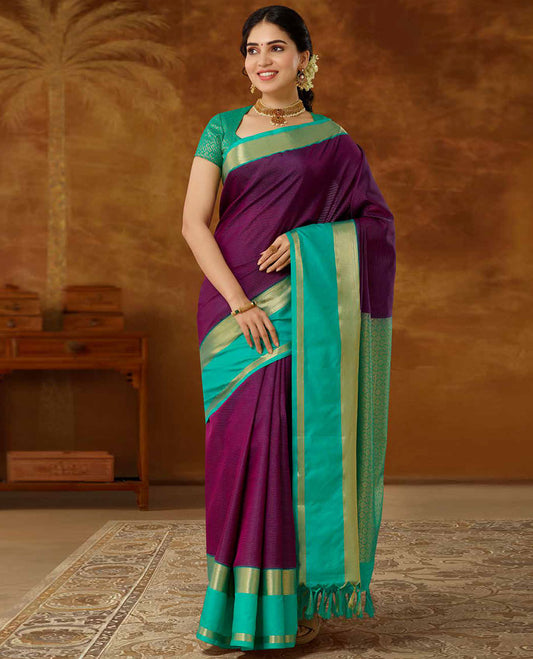 Purple striped vasundhara elite silk saree, contrast rettai pettu traditional zari design border & intricate pallu 