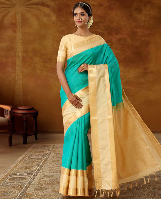 Blue vasundhara elite saree, contrast rettai pettu zari traditional design border & intricate pallu 