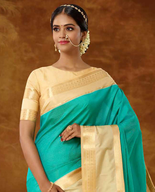 Blue vasundhara elite saree, contrast rettai pettu zari traditional design border & intricate pallu 