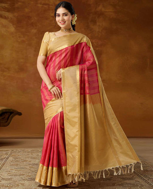 Pink zari design vasundhara elite saree, contrast rettai pettu traditional zari border & intricate zari design pallu 