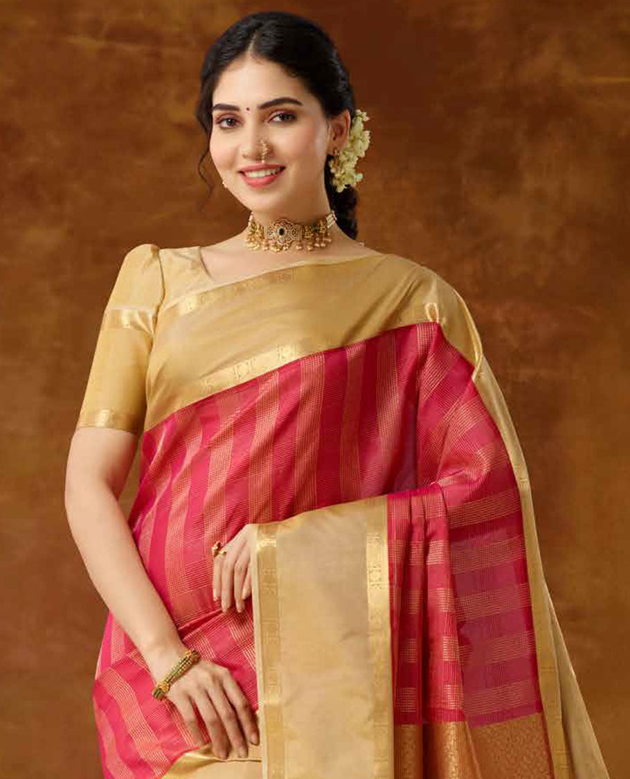 Pink zari design vasundhara elite saree, contrast rettai pettu traditional zari border & intricate zari design pallu