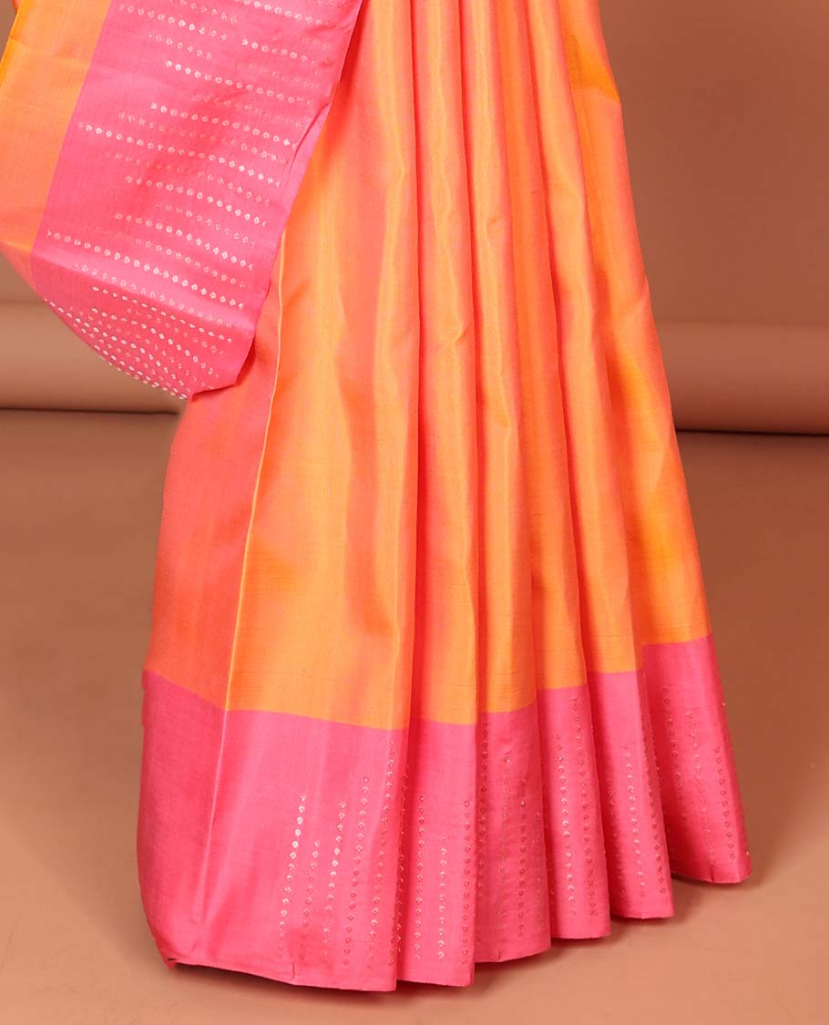 Orange buttas Kanchipuram silk saree, contrast zari design border & pallu of intricate designs in zari