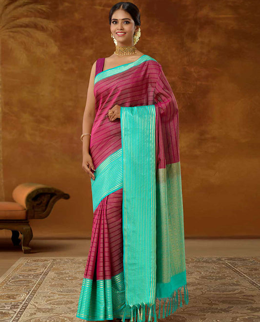 Pink striped vasundhara elite silk saree, contrast zari striped border & pallu of intricate designs 