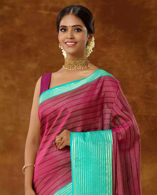 Pink striped vasundhara elite silk saree, contrast zari striped border & pallu of intricate designs 