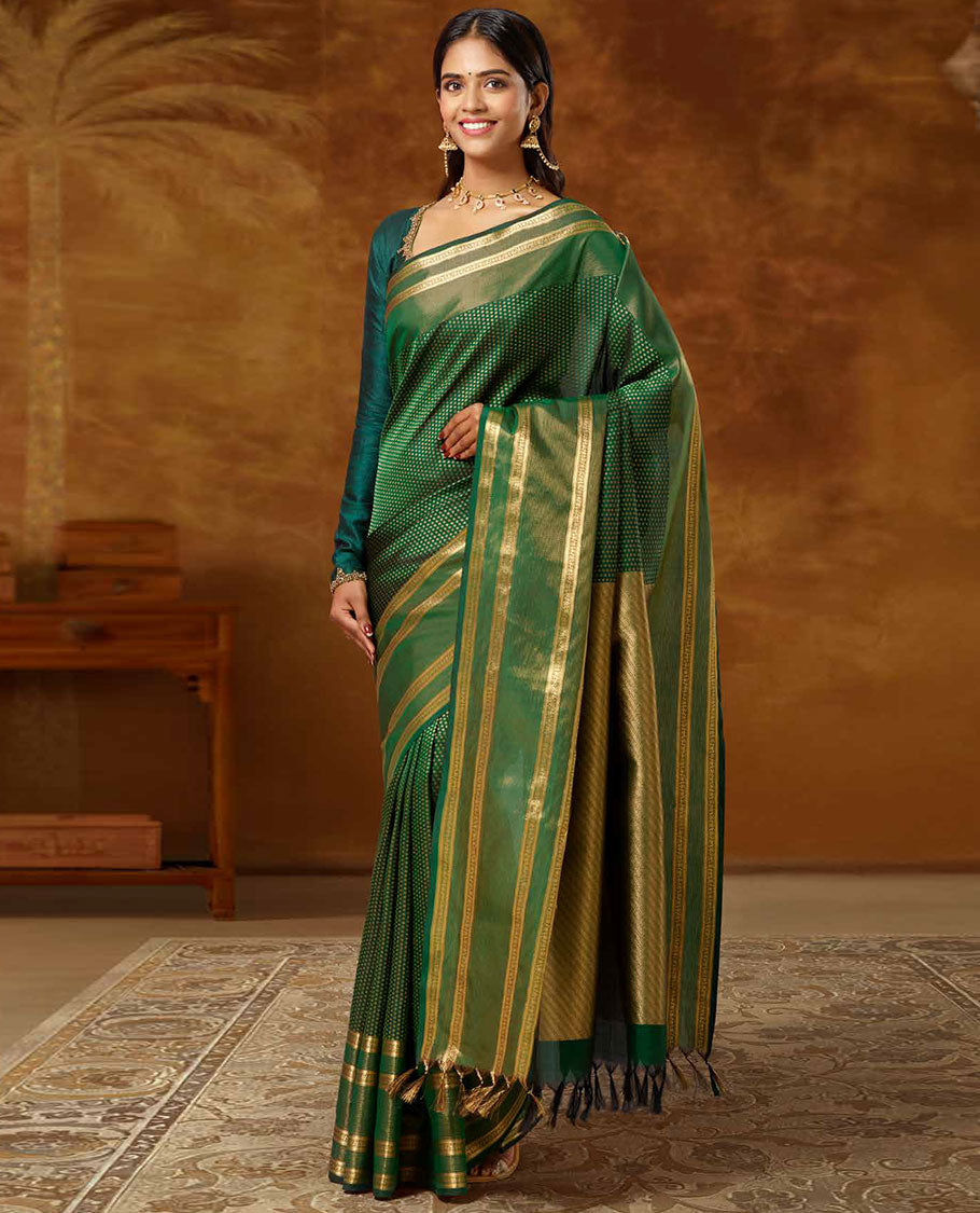 Green zari design vasundhara Elite silk saree, rettai pettu zari border & pallu of diagonal stripes in zari