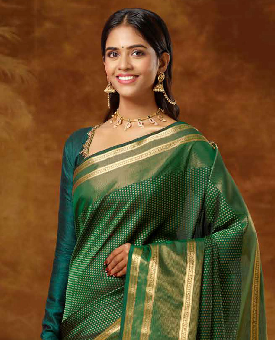 Green zari design vasundhara Elite silk saree, rettai pettu zari border & pallu of diagonal stripes in zari