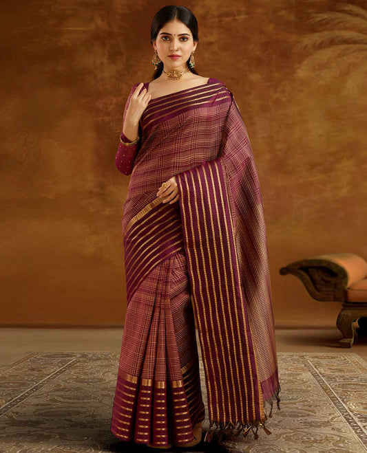 Maroon checked Vasundhara elite silk saree,  contrast traditional zari design border & intricate pallu 