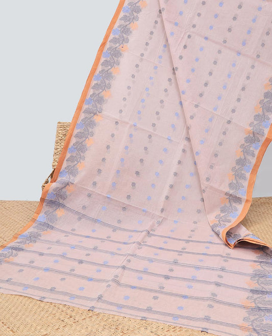 Beige Bengal cotton saree with buttas, floral creeper border & striped pallu 